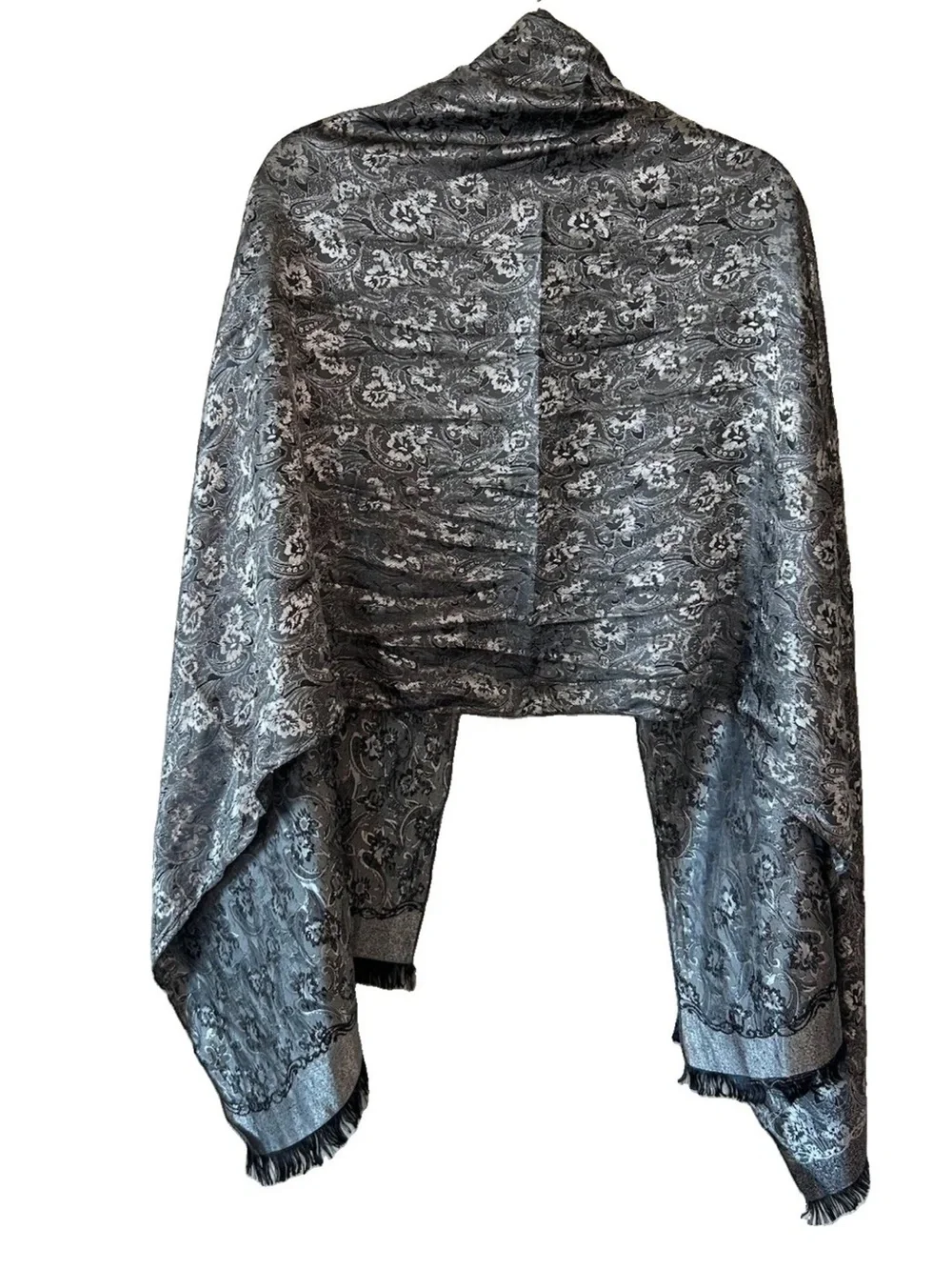 Vintage Thai Silk 100% Silk Shawl Wrap Silver Black Paisley Brocade Fringe 73in
